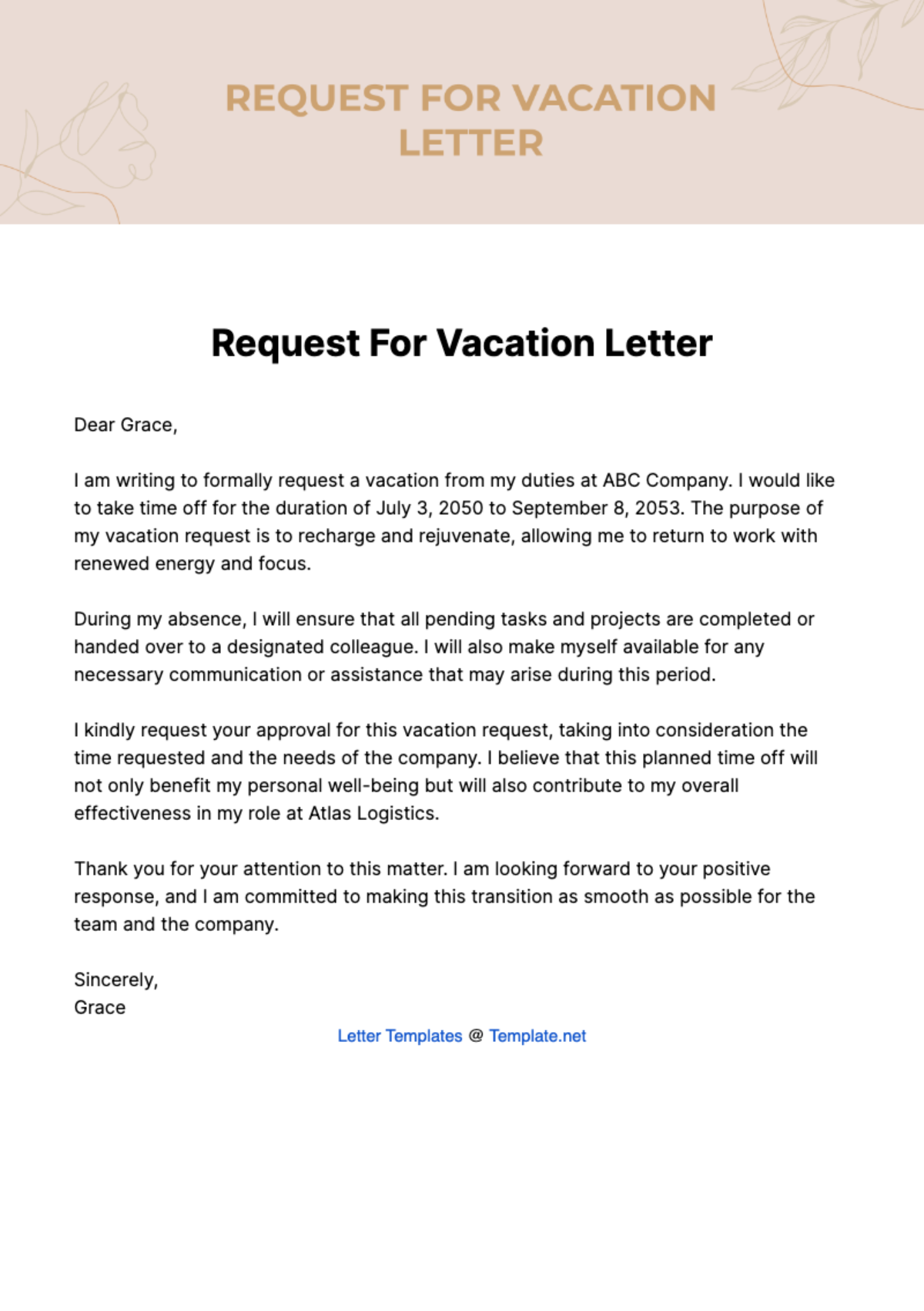 Free Request For Vacation Letter Template