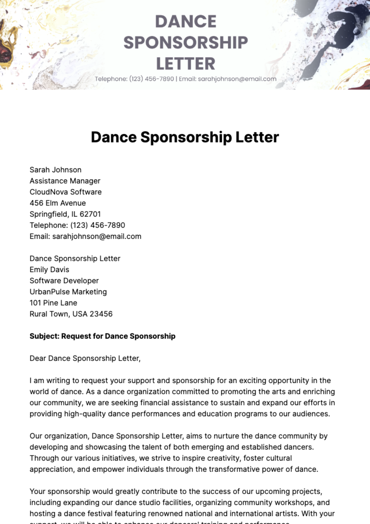 Free Dance Sponsorship Letter Template