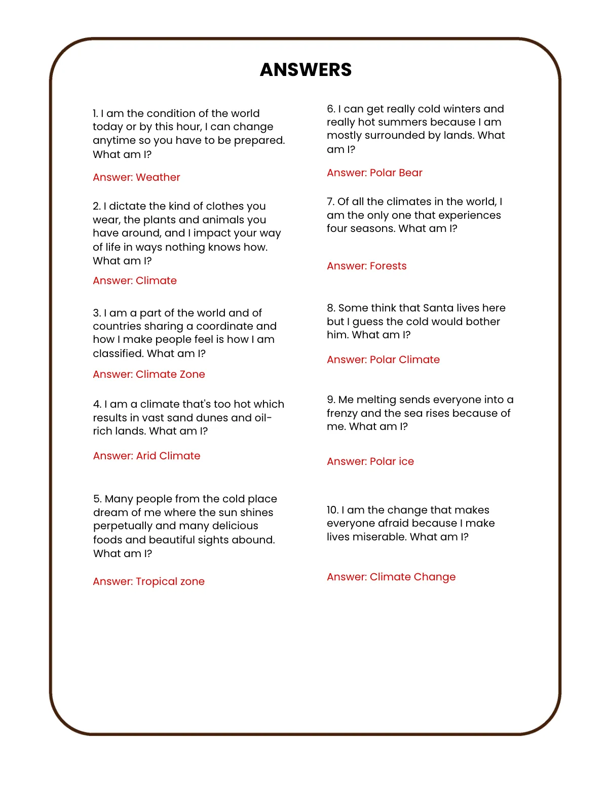 Free World Climate Riddle Template to Edit Online