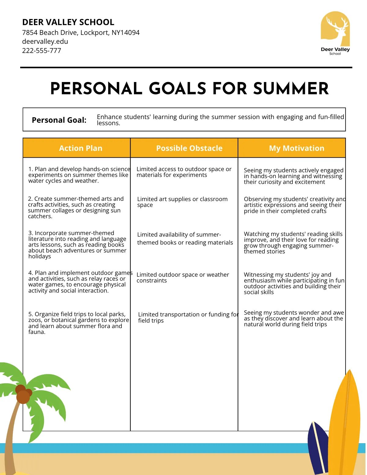 Free Summer Goals Template to Edit Online