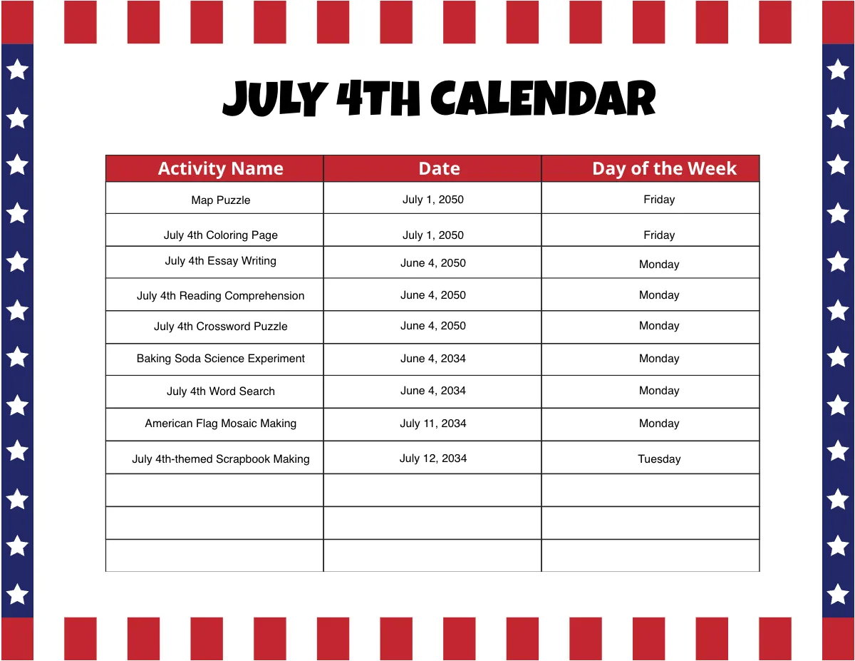 Free July 4th Calendar Template to Edit Online