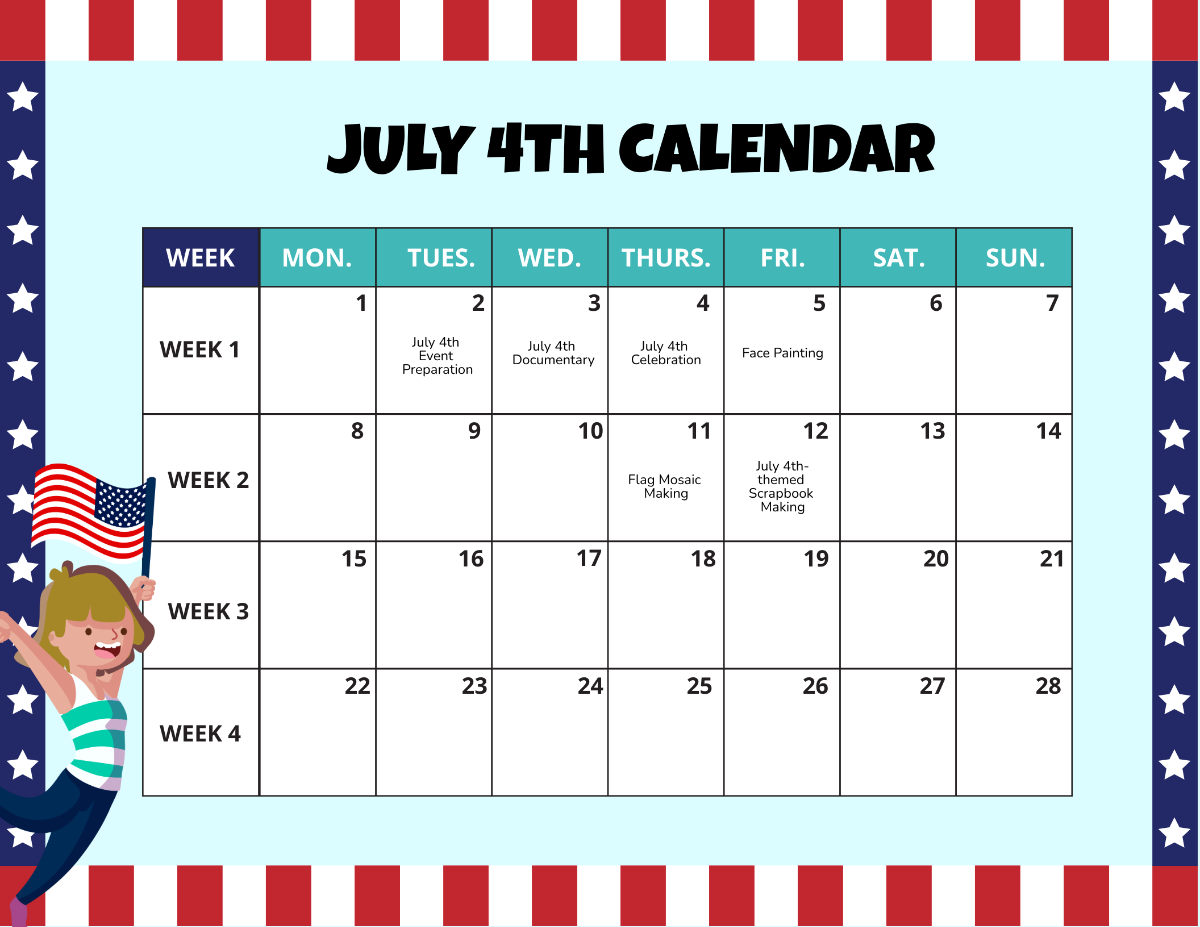July 4th Calendar Template
