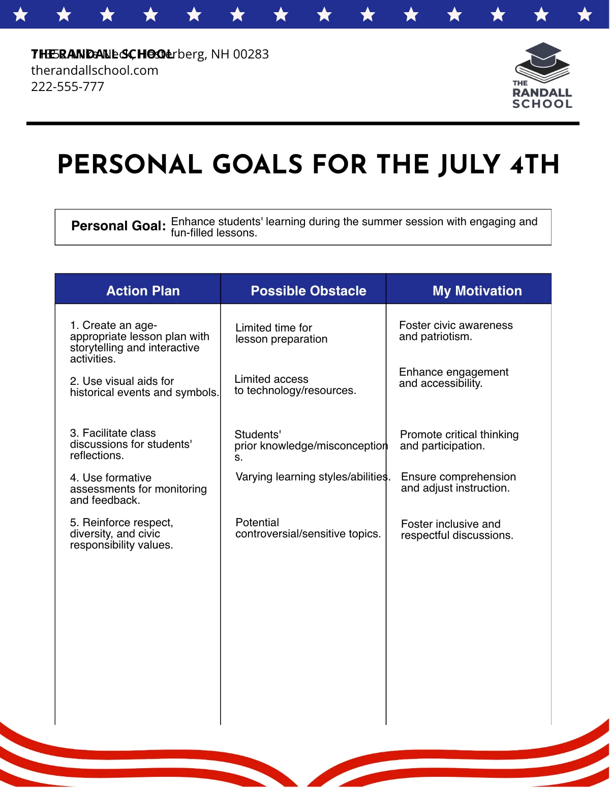 Free July 4th Goals Template to Edit Online