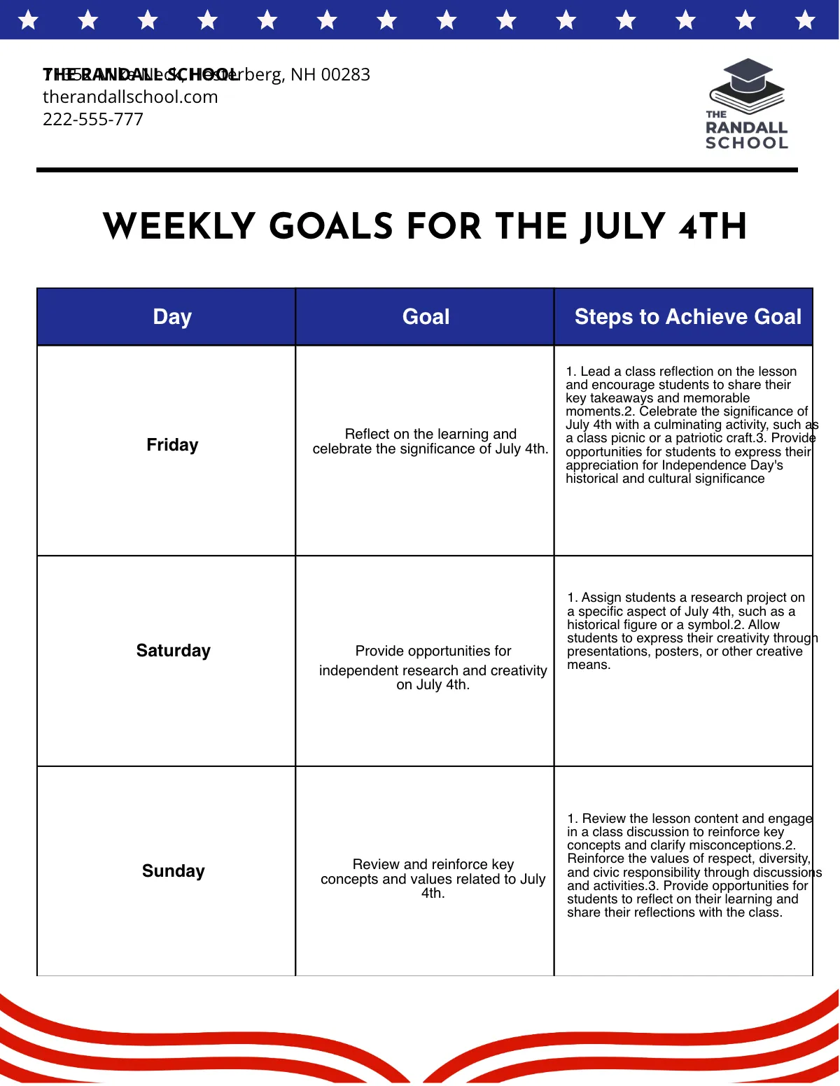 Free July 4th Goals Template to Edit Online