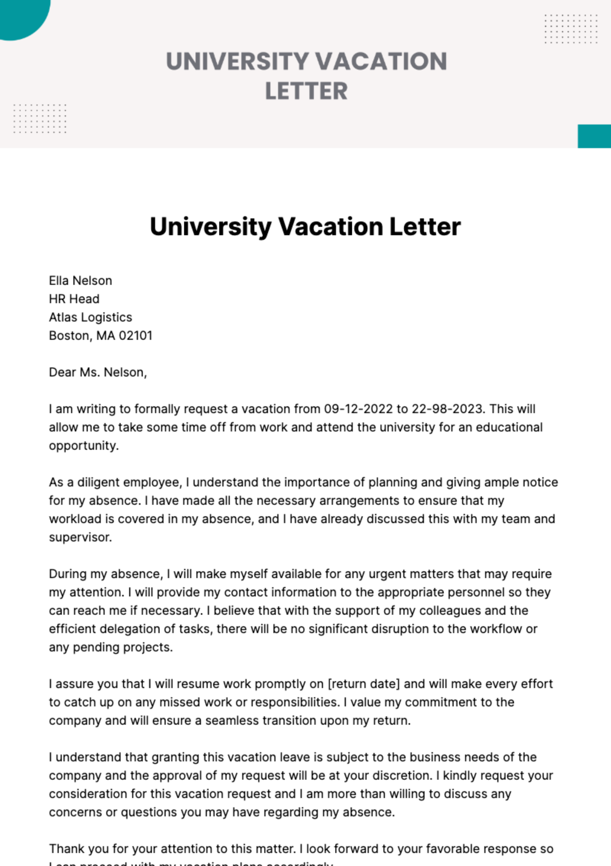 University Vacation Letter Template
