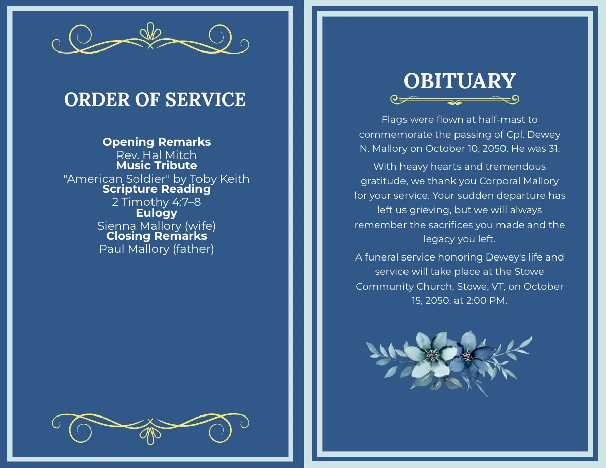 Free Professional Military Obituary Service Outline Template to Edit Online