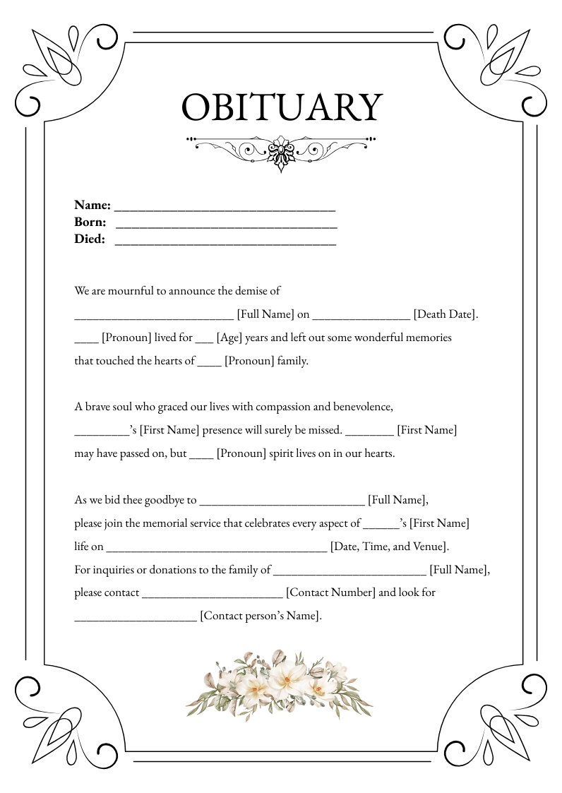 Free Fill In The Blank Obituary Template - Edit Online & Download | Template .net