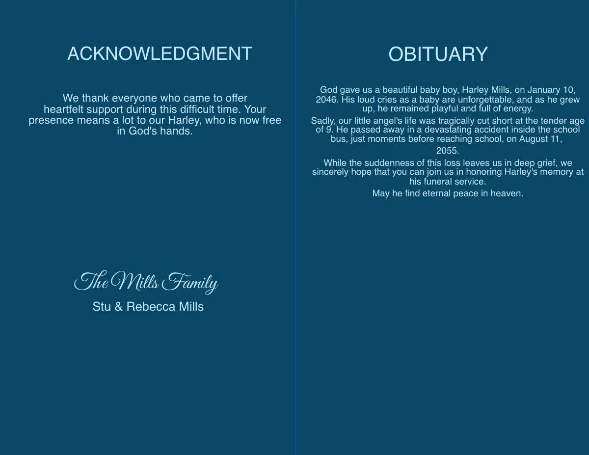 Free Sample Kid Death Obituary Template to Edit Online