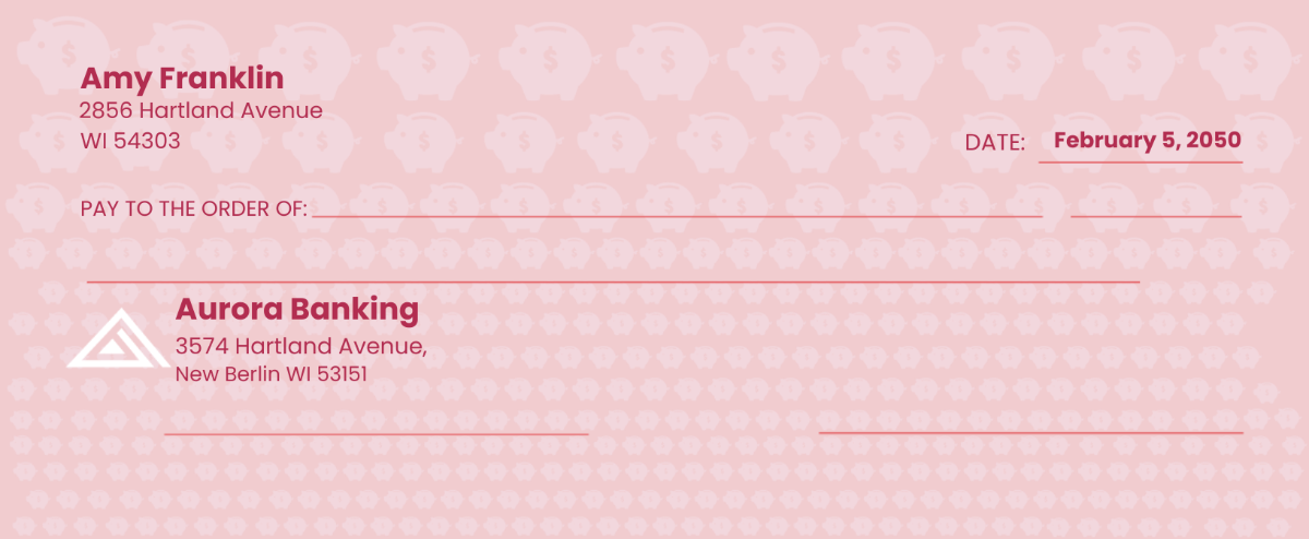 Printable Blank Check for Kids in Pink Color Template