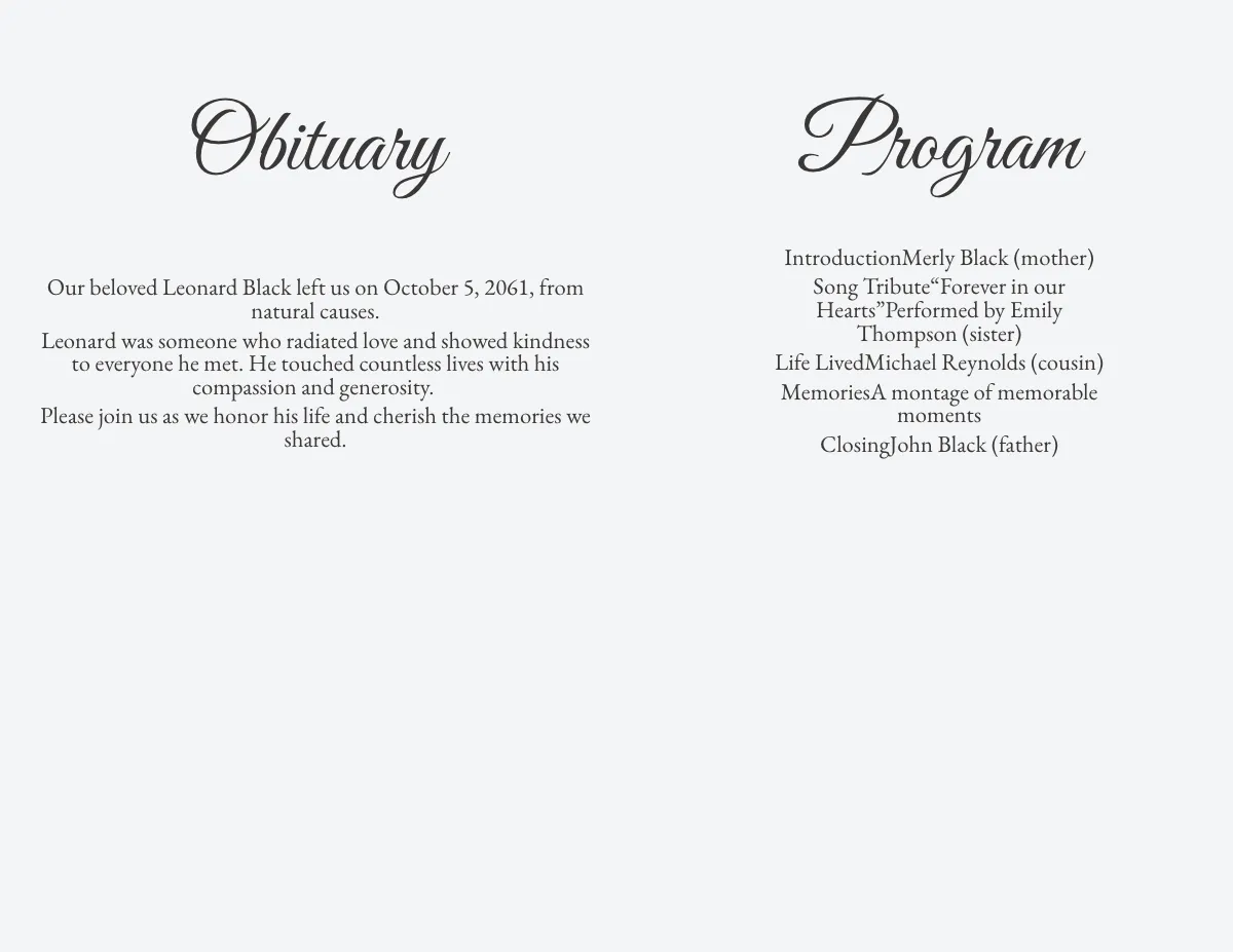 Free The Essence of Love PSD Funeral Program Template to Edit Online