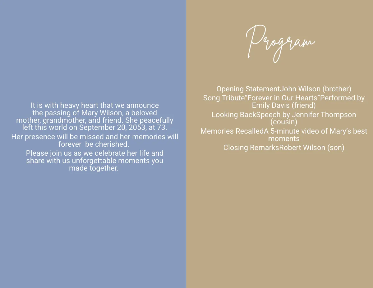 Free Memorial Service Funeral Event with Cover Page Template to Edit Online