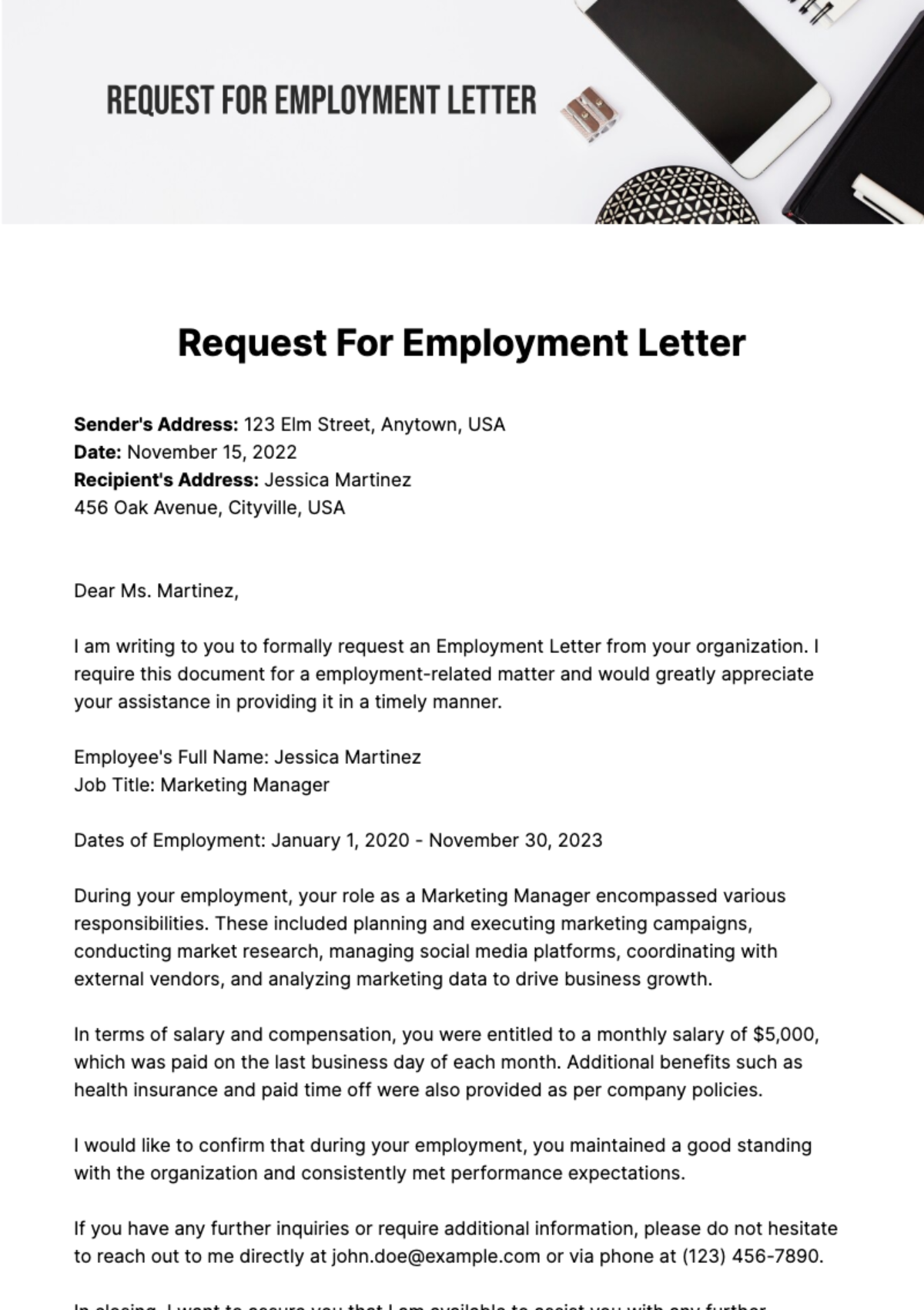 Request For Employment Letter Template