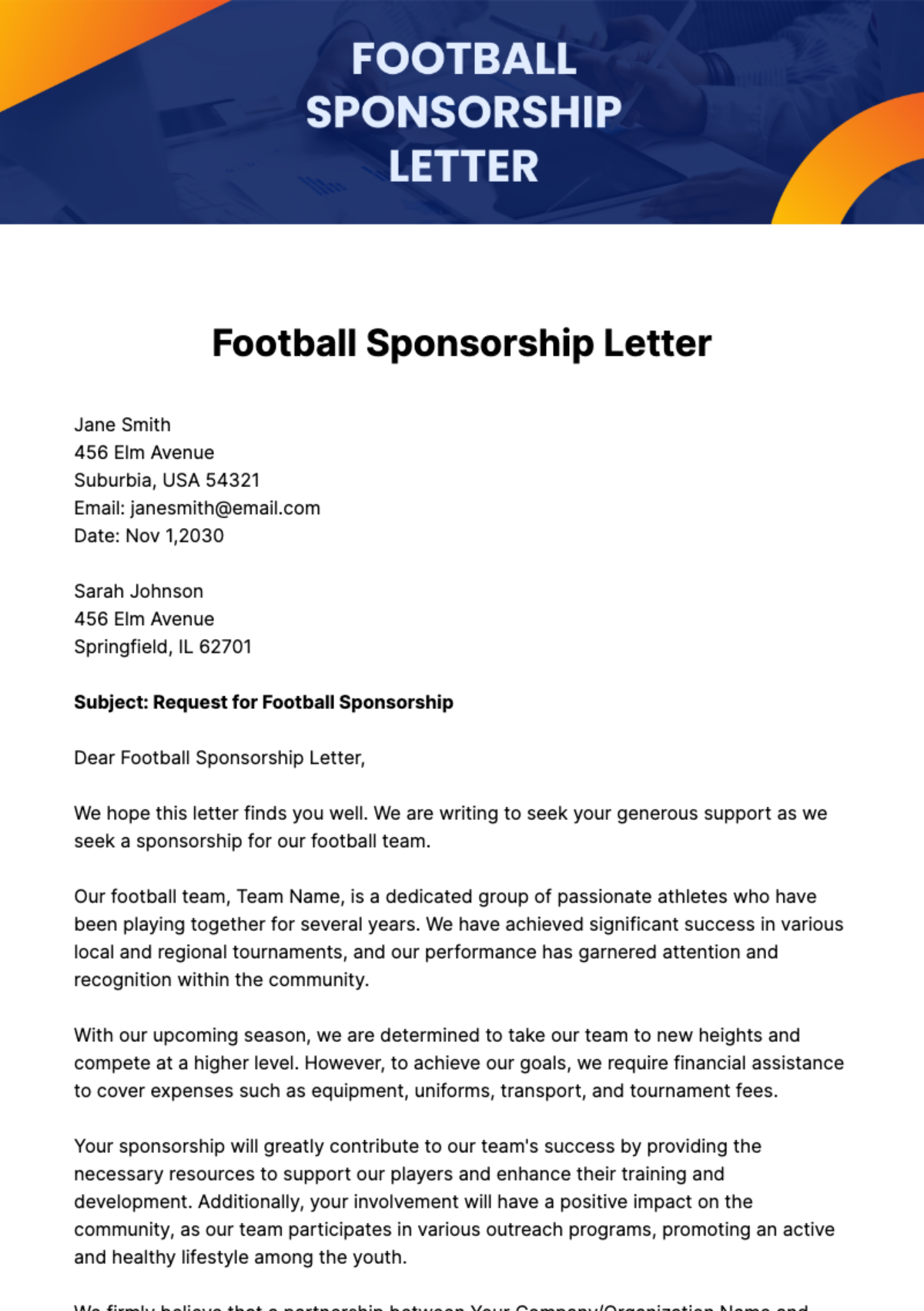 Football Sponsorship Letter Template