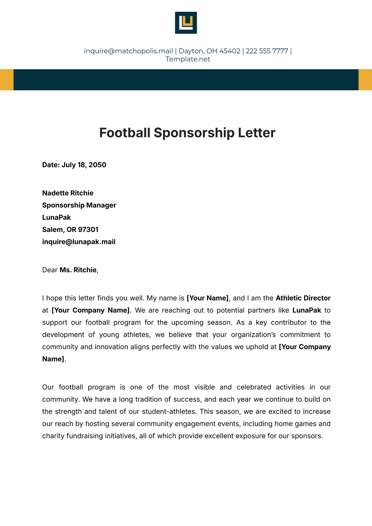 Football Sponsorship Letter Template - Edit Online & Download