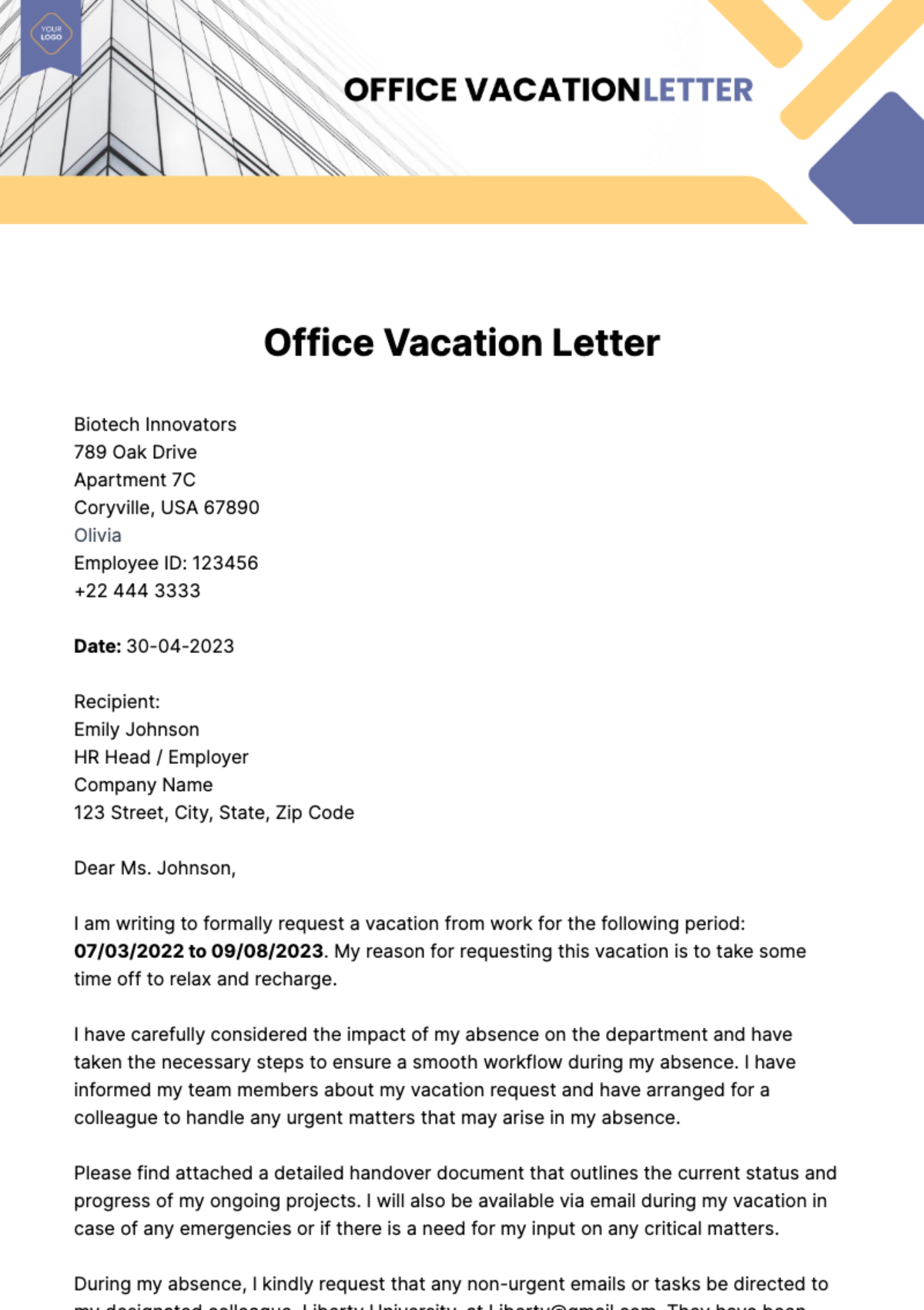 Free Office Vacation Letter Template
