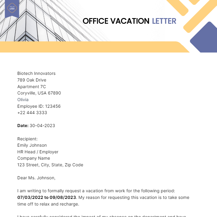 Office Vacation Letter Template