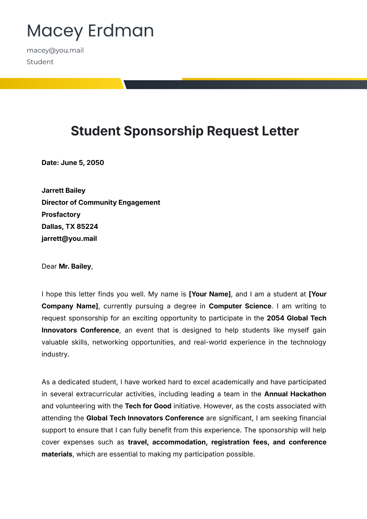 Student Sponsorship Request Letter Template - Edit Online & Download