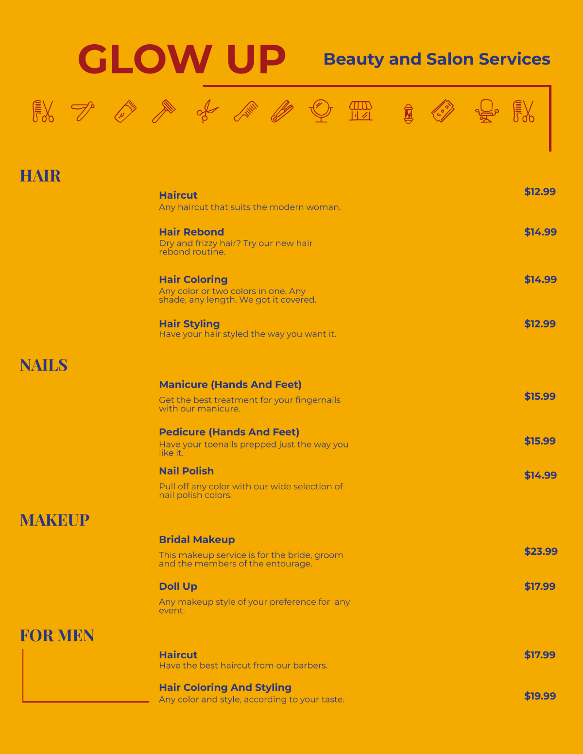 Beauty Salon Menu