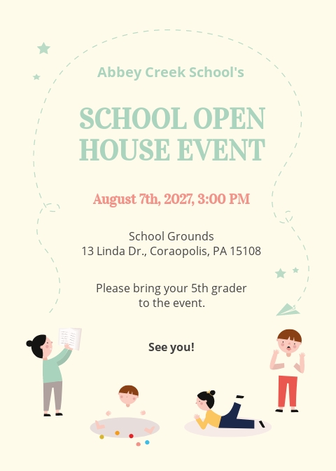 School Open House Invitation Template - Illustrator, Word, Apple Pages, PSD, Publisher