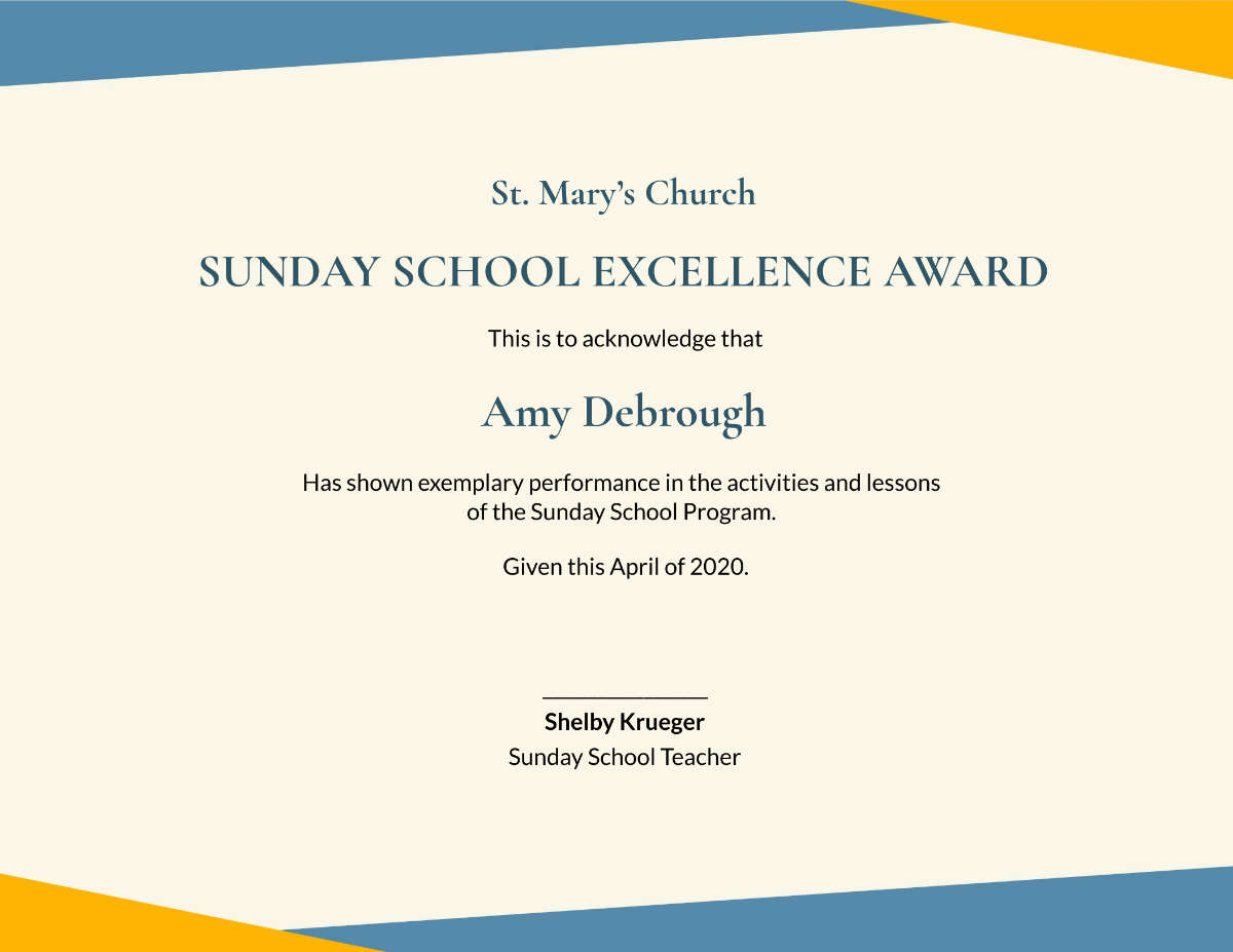 Sunday School Award Certificate