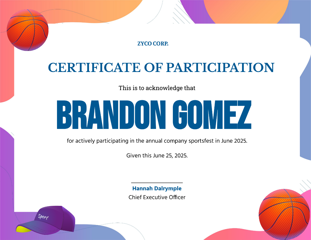 Sports Participation Certificate Template