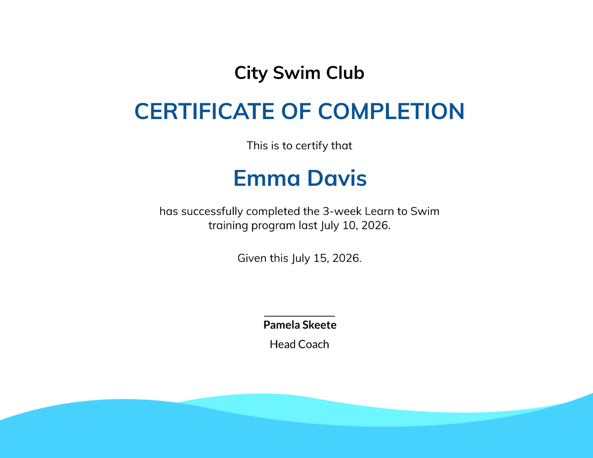 Swimming Certificate of Completion