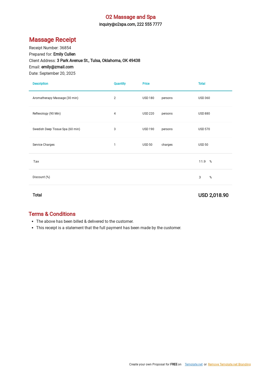 Printable Massage Therapy Receipt Template