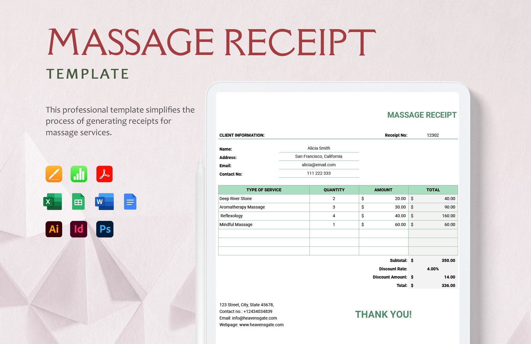 Free Massage Receipt Template in Word, Google Docs, Excel, Google Sheets, Illustrator, PSD, Apple Pages, Publisher, InDesign, Apple Numbers