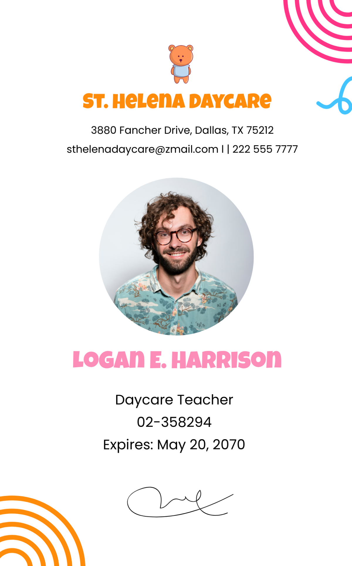 Daycare Teacher ID Card