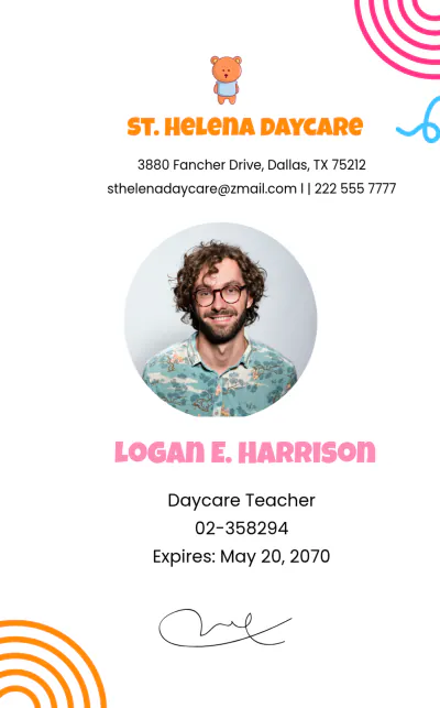 Free Daycare Teacher ID Card Template to Edit Online
