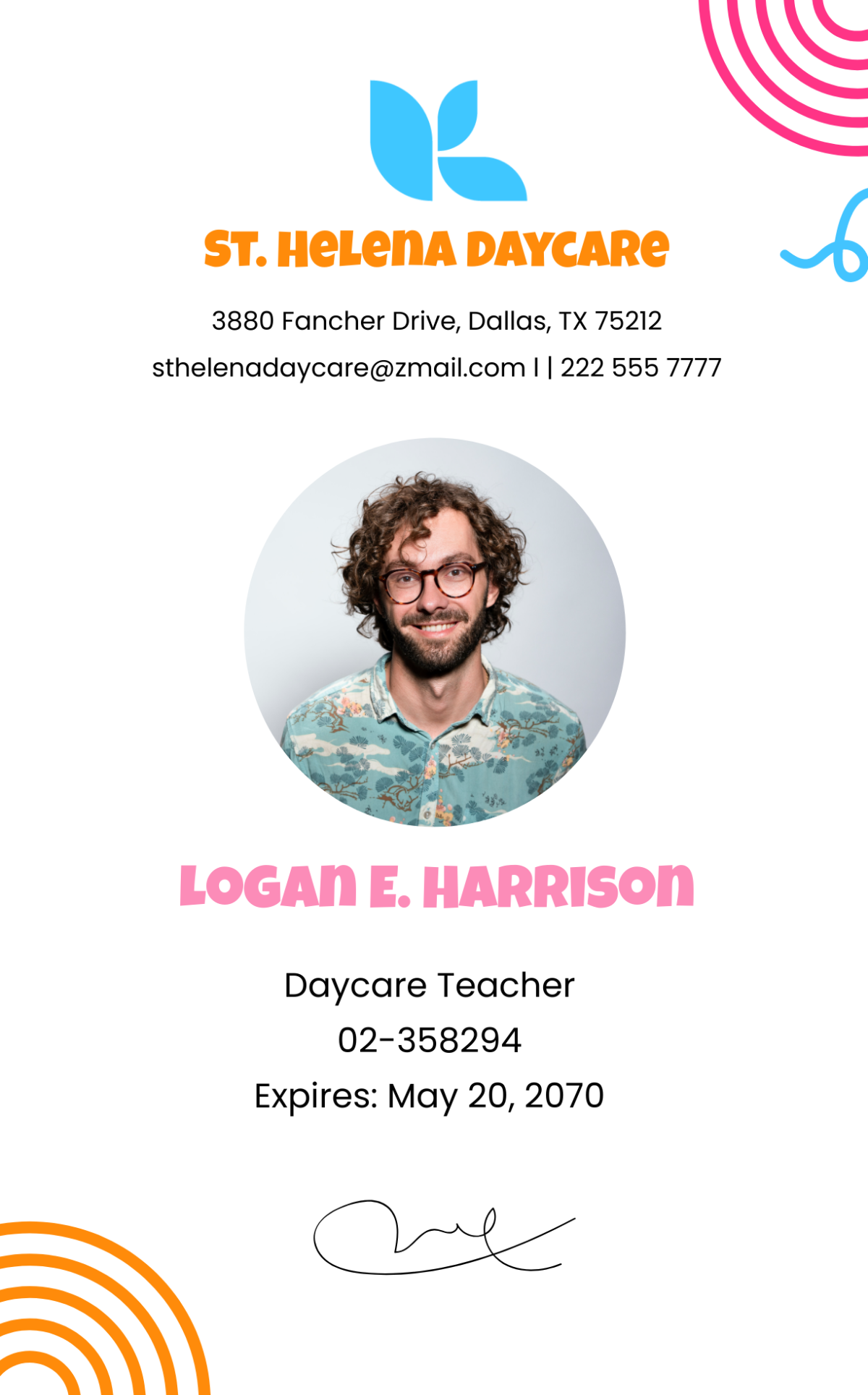 Daycare Teacher ID Card Template