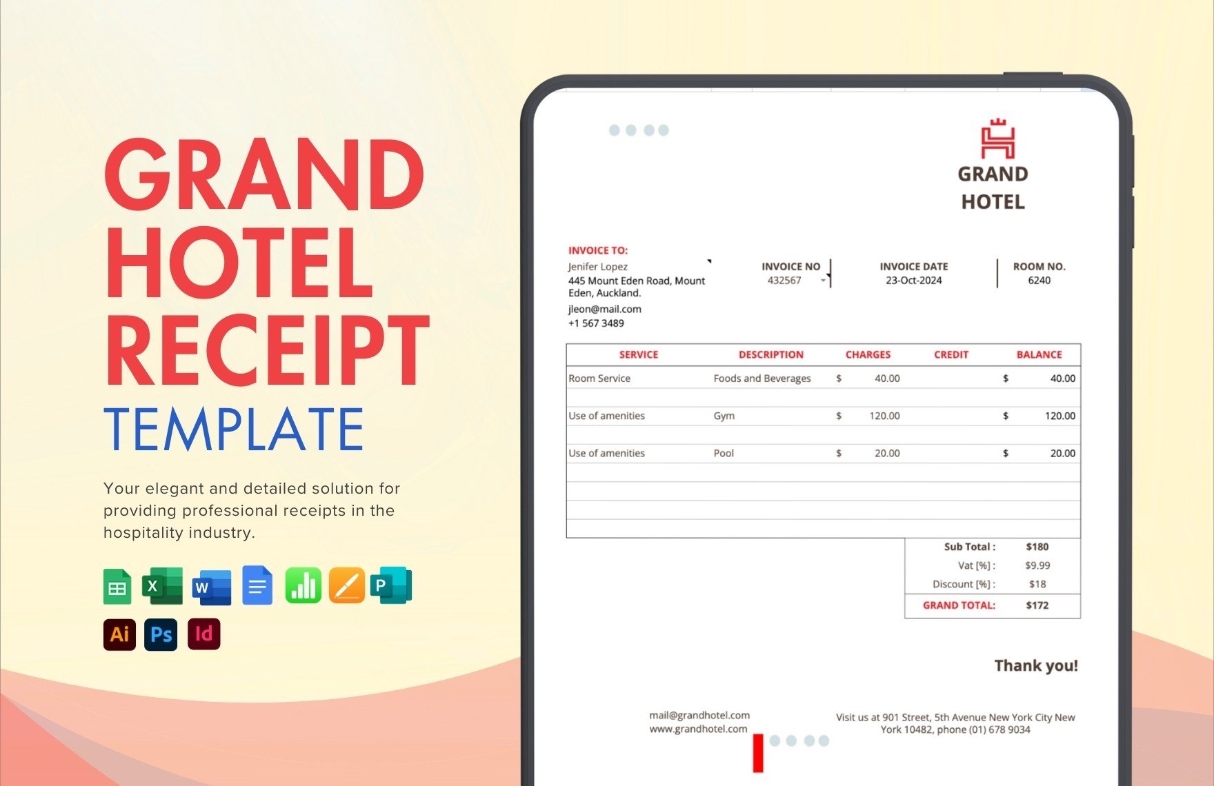 Free Grand Hotel Receipt Template in Word, Google Docs, Excel, Google Sheets, Illustrator, PSD, Apple Pages, Publisher, InDesign, Apple Numbers