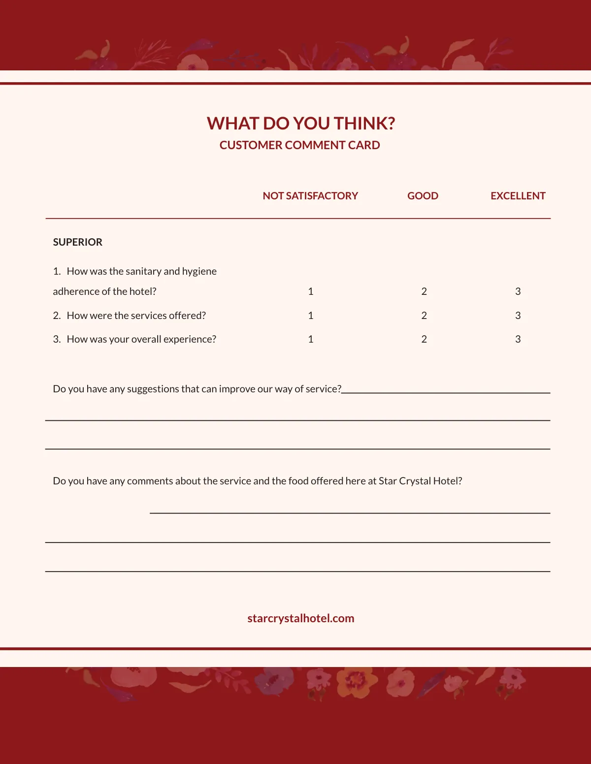 Free Hotel Customer Comment Card Template to Edit Online