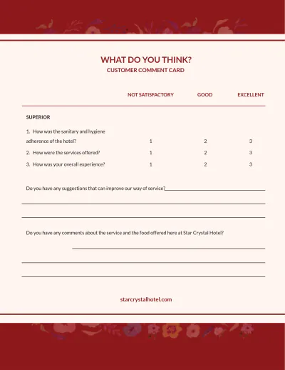 Free Hotel Customer Comment Card Template to Edit Online