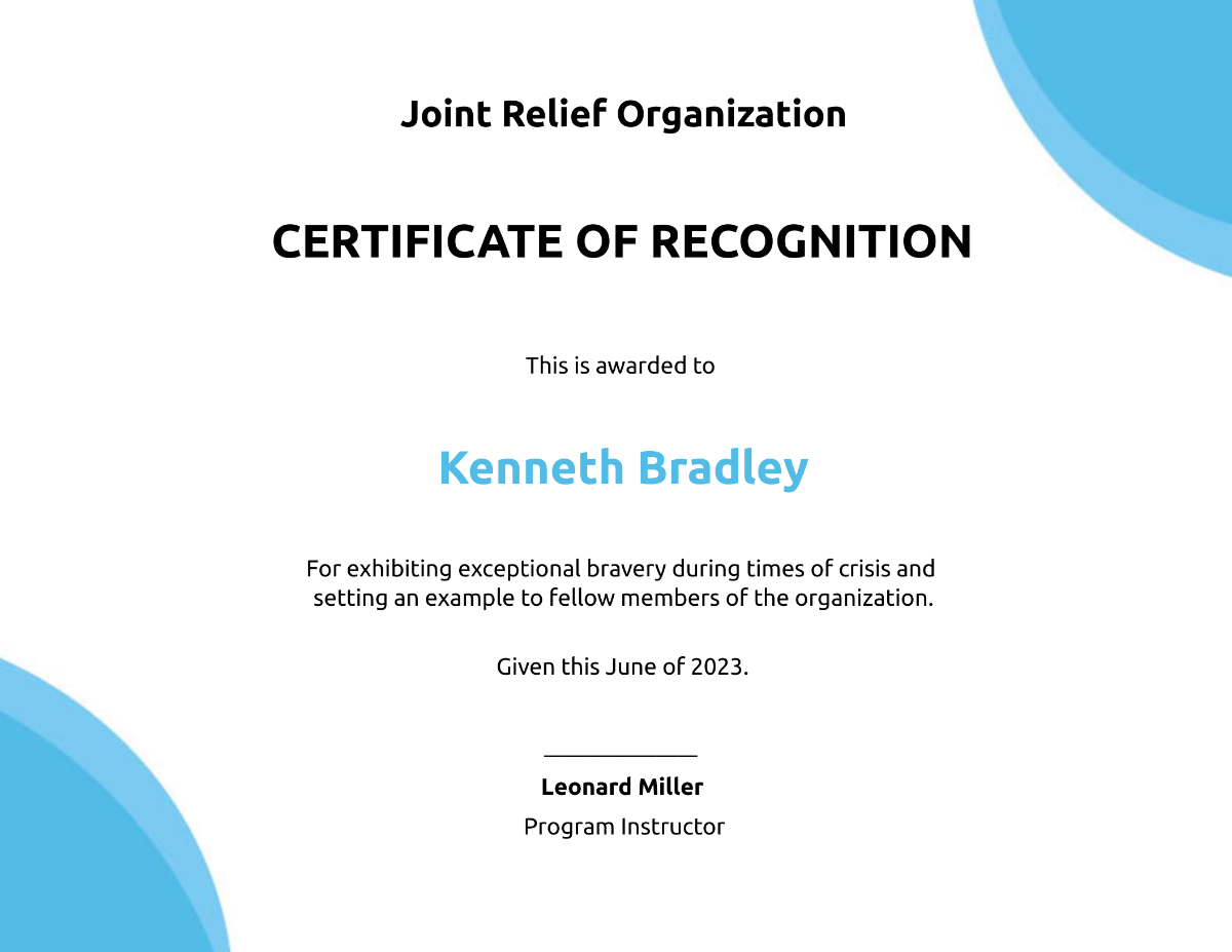 Bravery Award Certificate Example