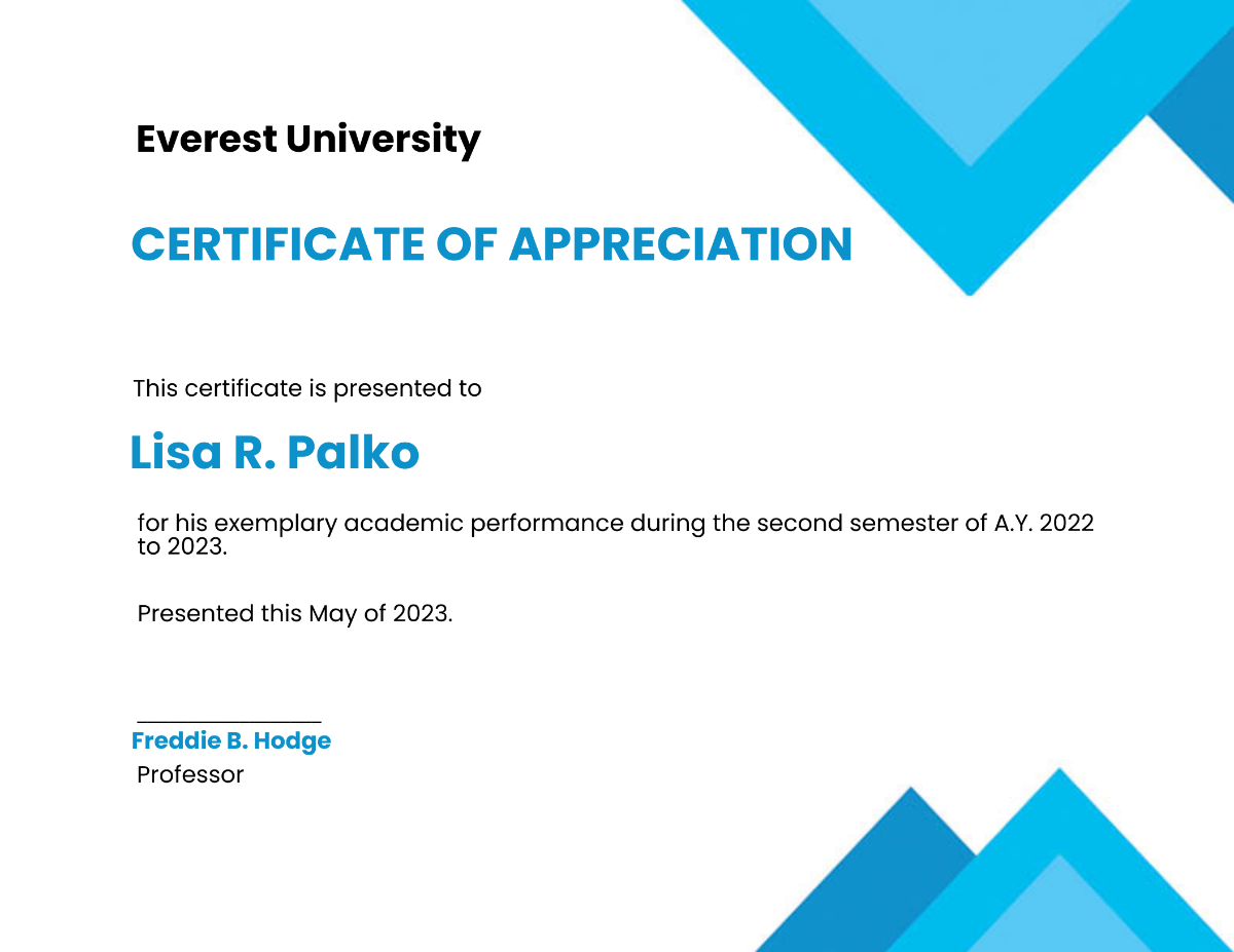 Certificate of Appreciation for Student