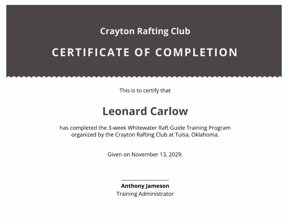 Certificate of Rafting