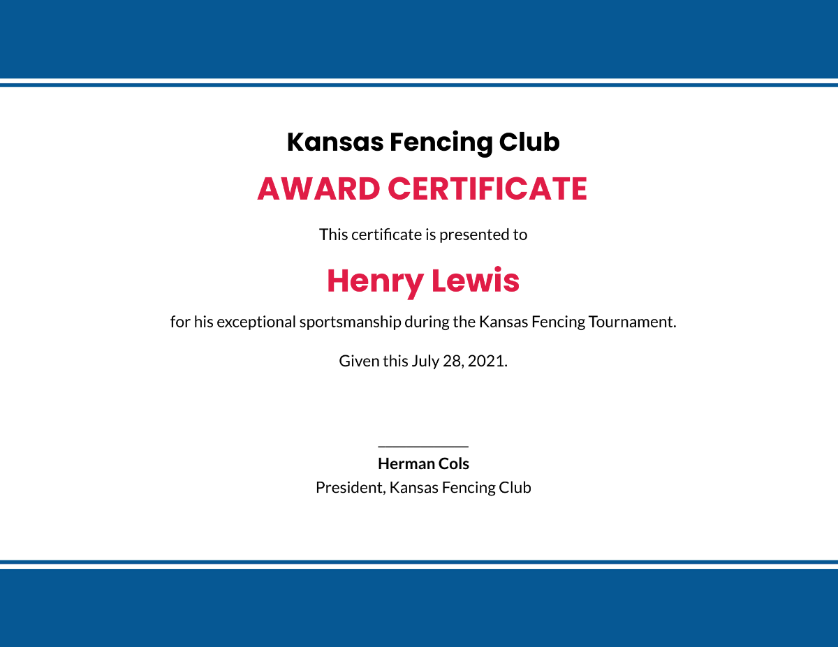 Sportsmanship Award Certificate
