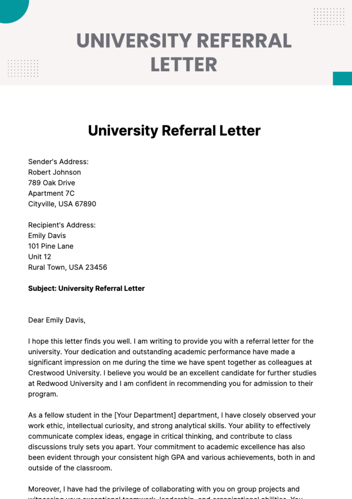 University Referral Letter Template