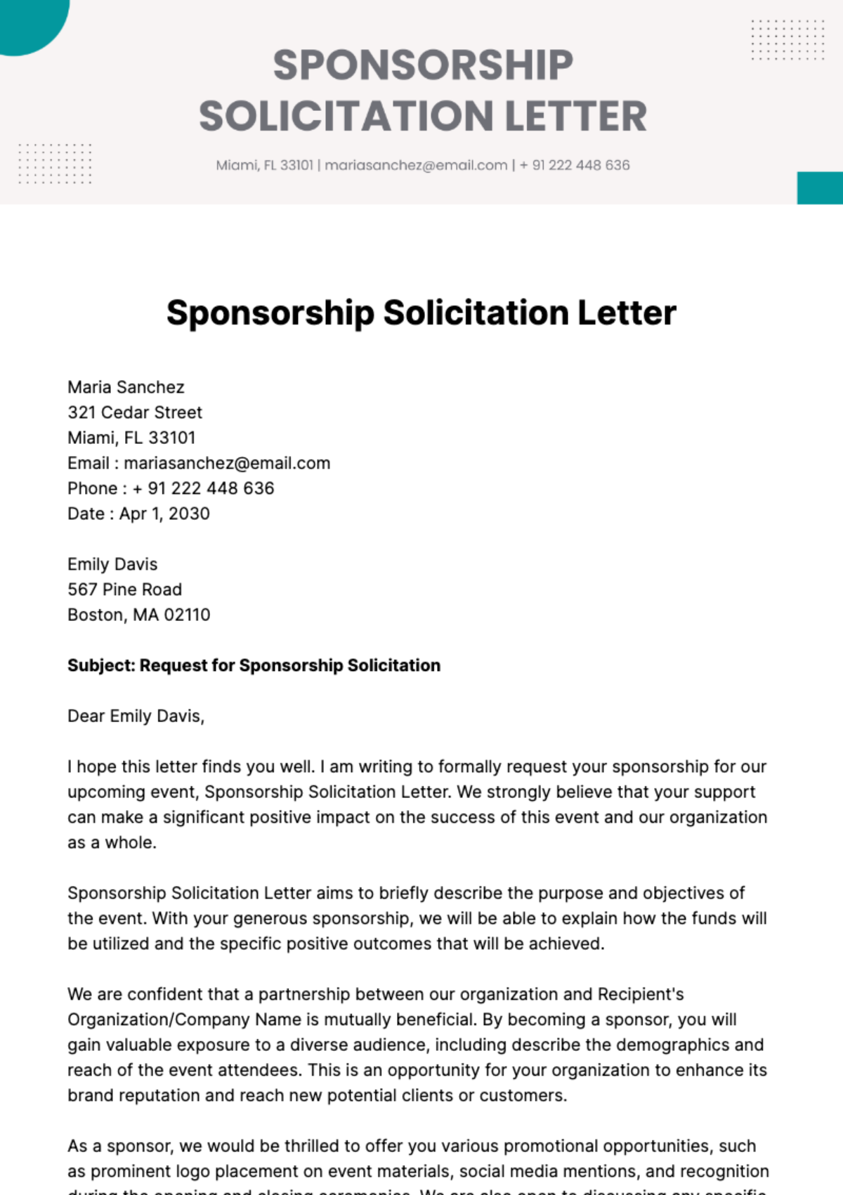 Free Sponsorship Solicitation Letter Template