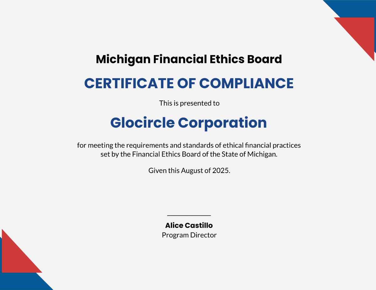 Printable Certificate of Compliance Template