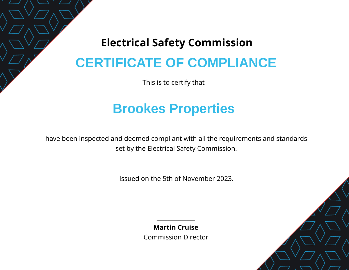 Electrical Certificate of Compliance Template