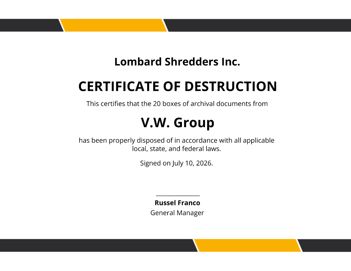 Simple Certificate of Destruction