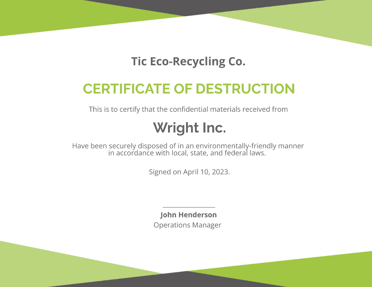 Printable Certificate of Destruction
