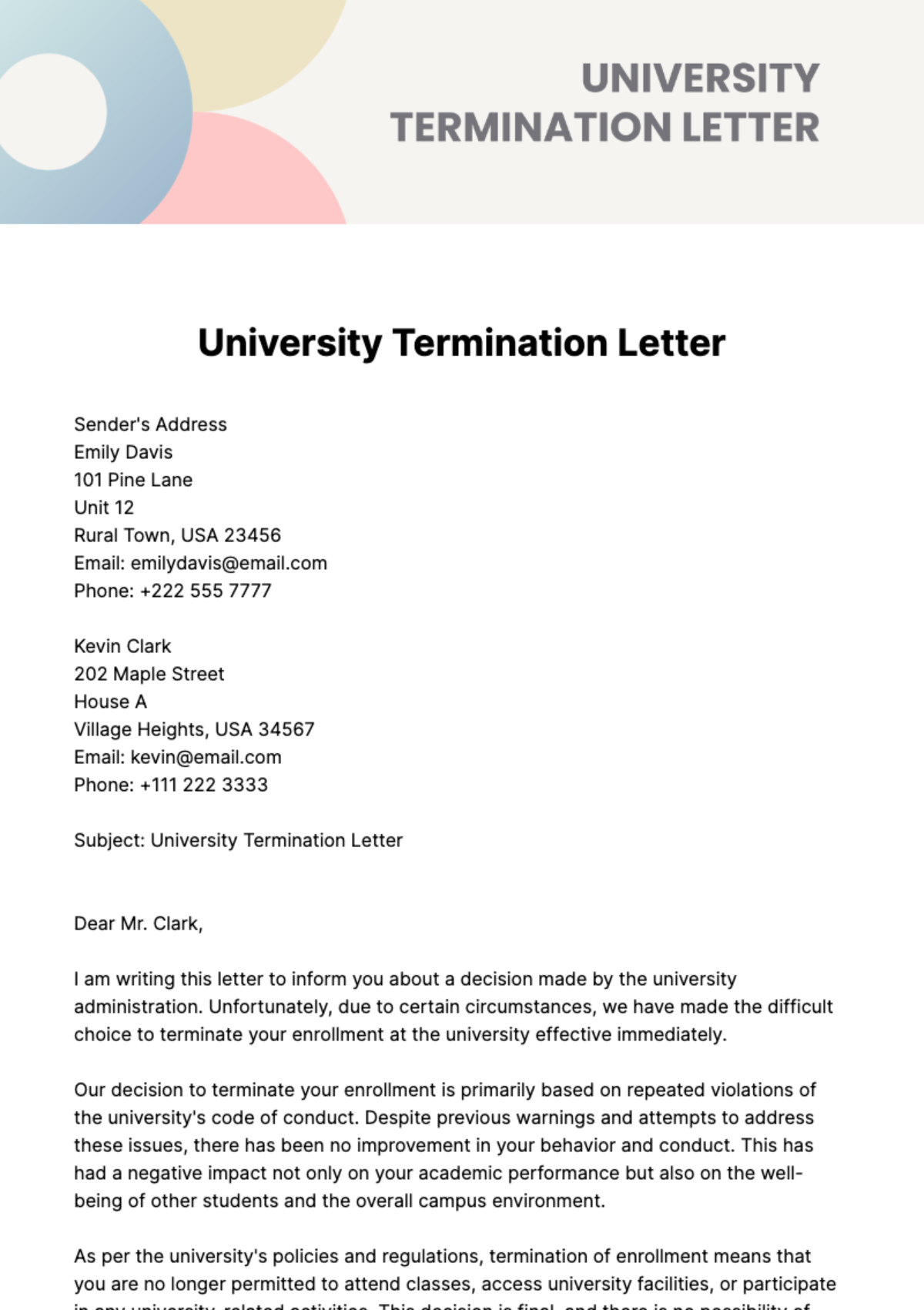 Free University Termination Letter Template