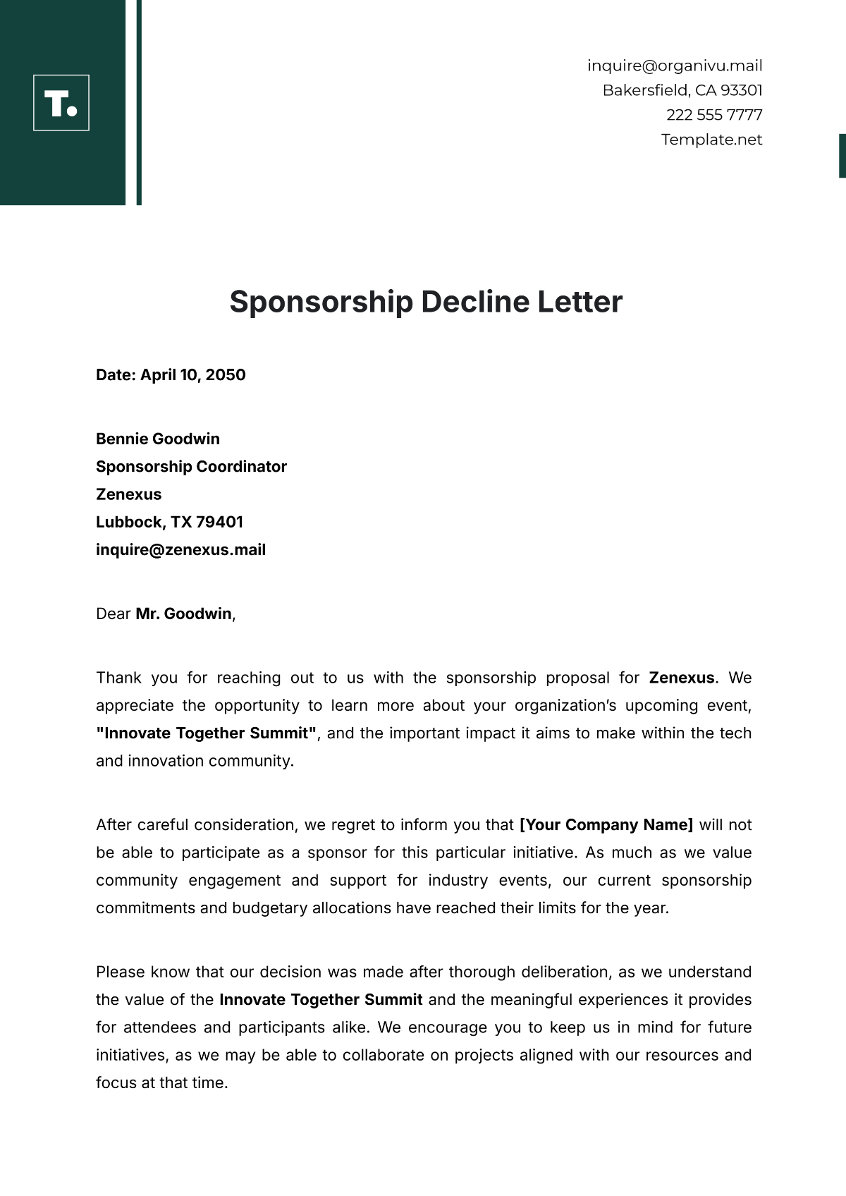 Sponsorship Decline Letter Template - Edit Online & Download