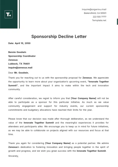 Free Sponsorship Decline Letter Template to Edit Online