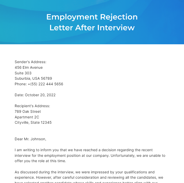 Employment Rejection Letter After Interview Template