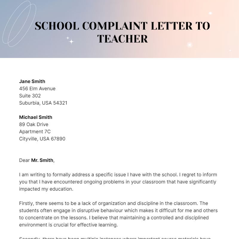 School Complaint Letter To Teacher Template