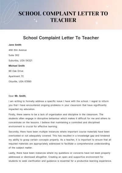Free School Complaint Letter To Teacher Template to Edit Online